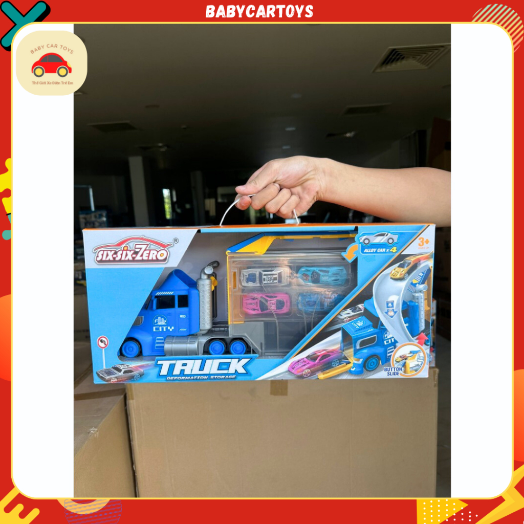 Container truck toy turns into a racetrack and parking lot, with 4 mini ...