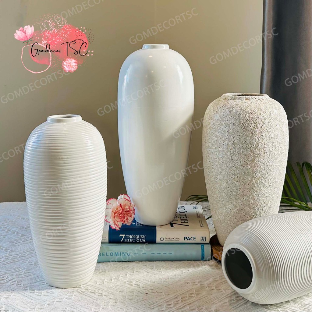 Atlantis white rustic ceramic flower vase with bomb shape decor for ...