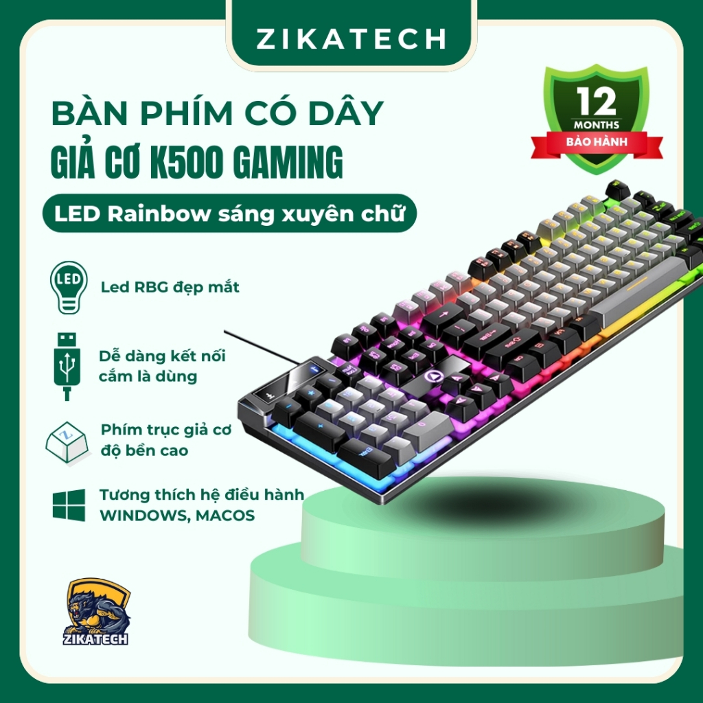 K500 ZIKATECH Wired Mechanical Keyboard, 7-Color RGB Translucent Led ...