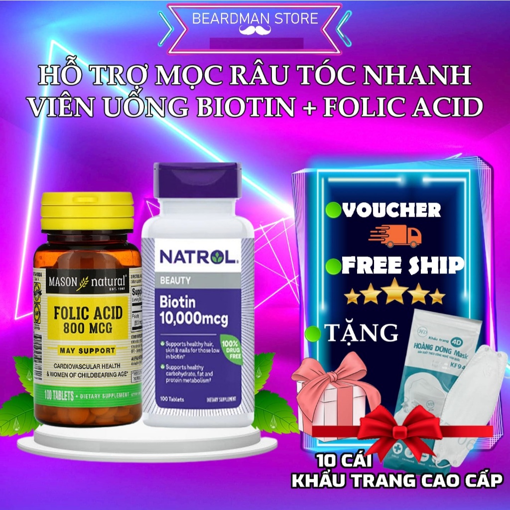 Fast Beard Growth Support Combo: Biotin Pills 10,000mcg + Folic Acid ...
