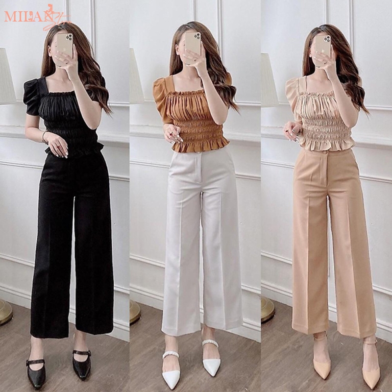 High waisted wide leg office pants with buttons and front zipper women s wide leg trousers with high waist in snow and rain fabric for beauty school Shopee Malaysia