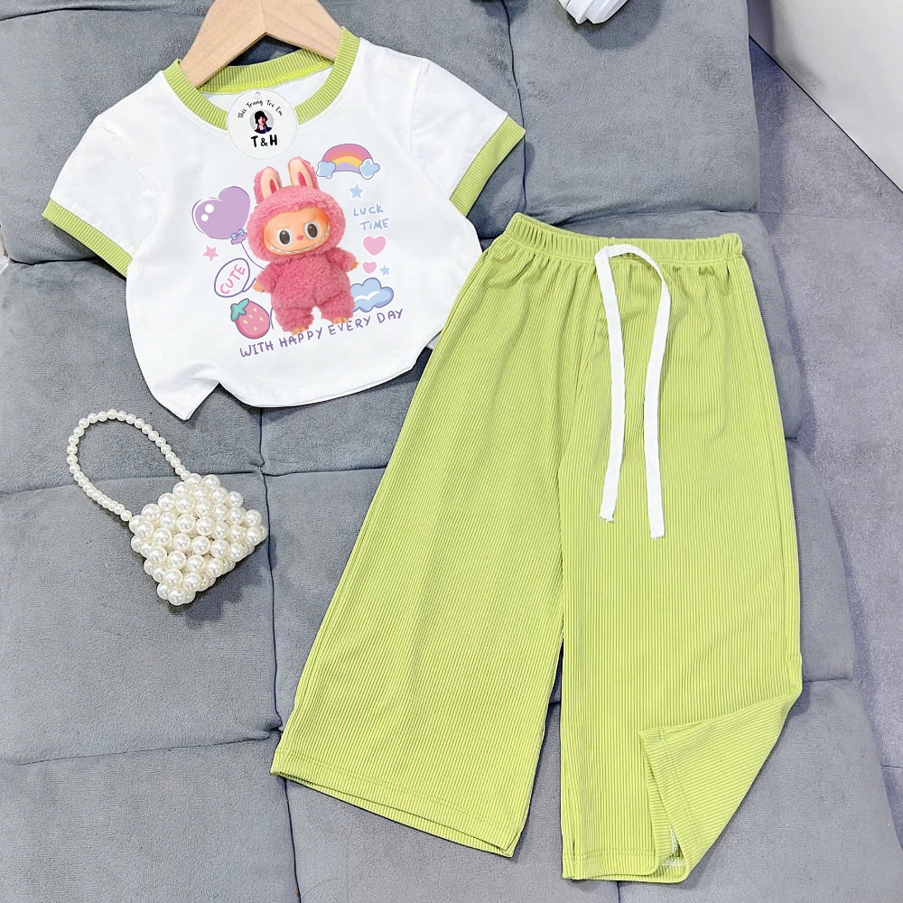 Girls' set of short-sleeved, wide-leg ribbed pants with Labubu pattern ...