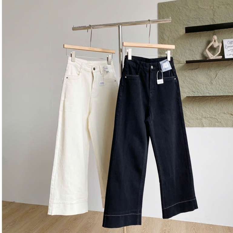 Women's high-waisted wide-leg long jeans, elegant mid-length