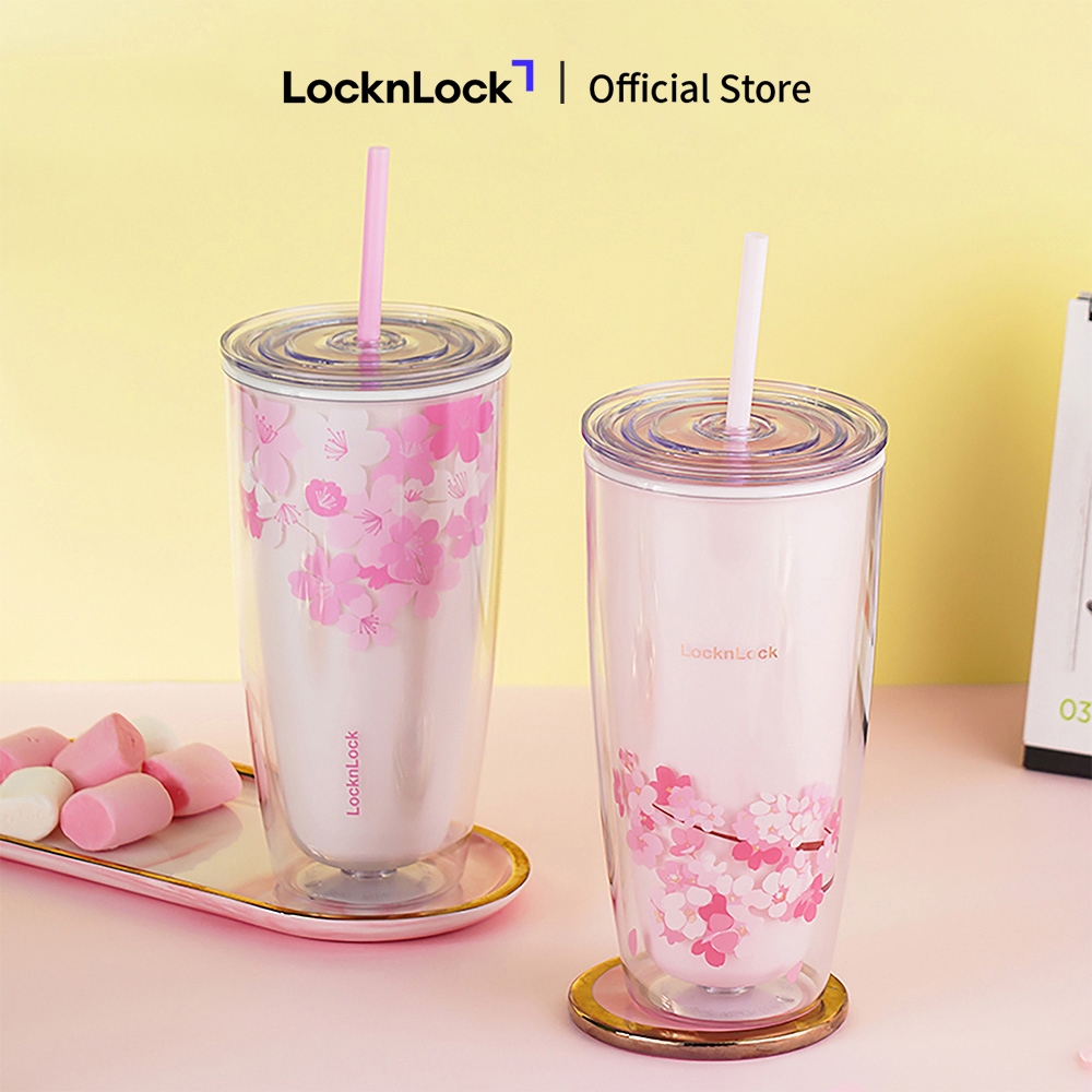 Cherry Blossom 2-layer plastic cup with straw Lock&Lock 750ML - HAP509 ...