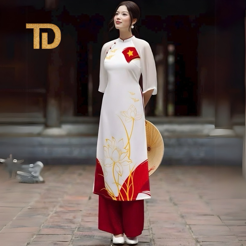 Tay Do - Ao Dai Fabric with Vietnamese Flag and Lotus Patterns on ...