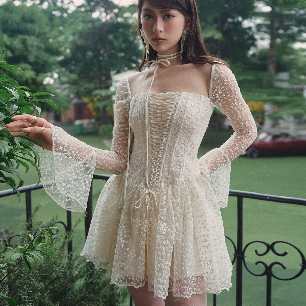 DARLING.ISM - Long-sleeved corset short Dress Sundew Cream floral lace  Dress floral dress