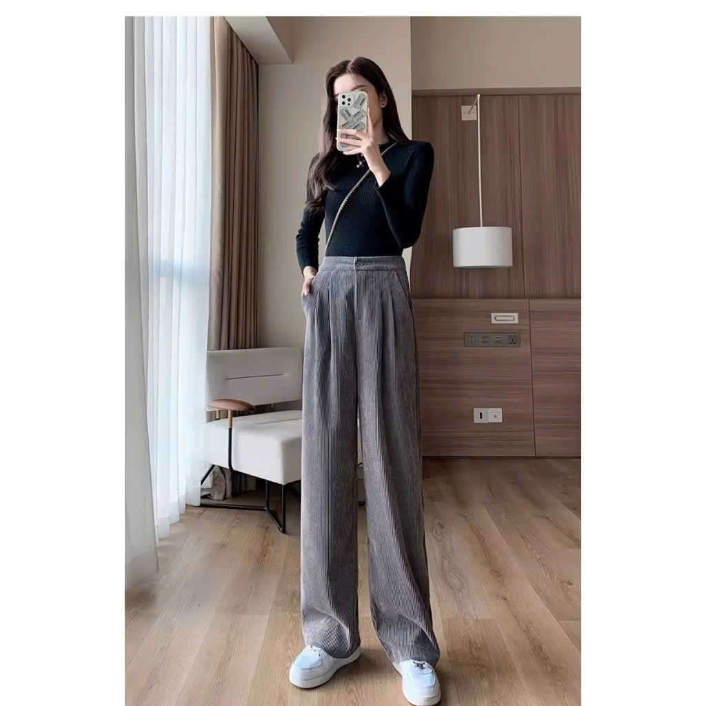 Loose Fit Button Wide Leg Trousers In Velvety Fabric