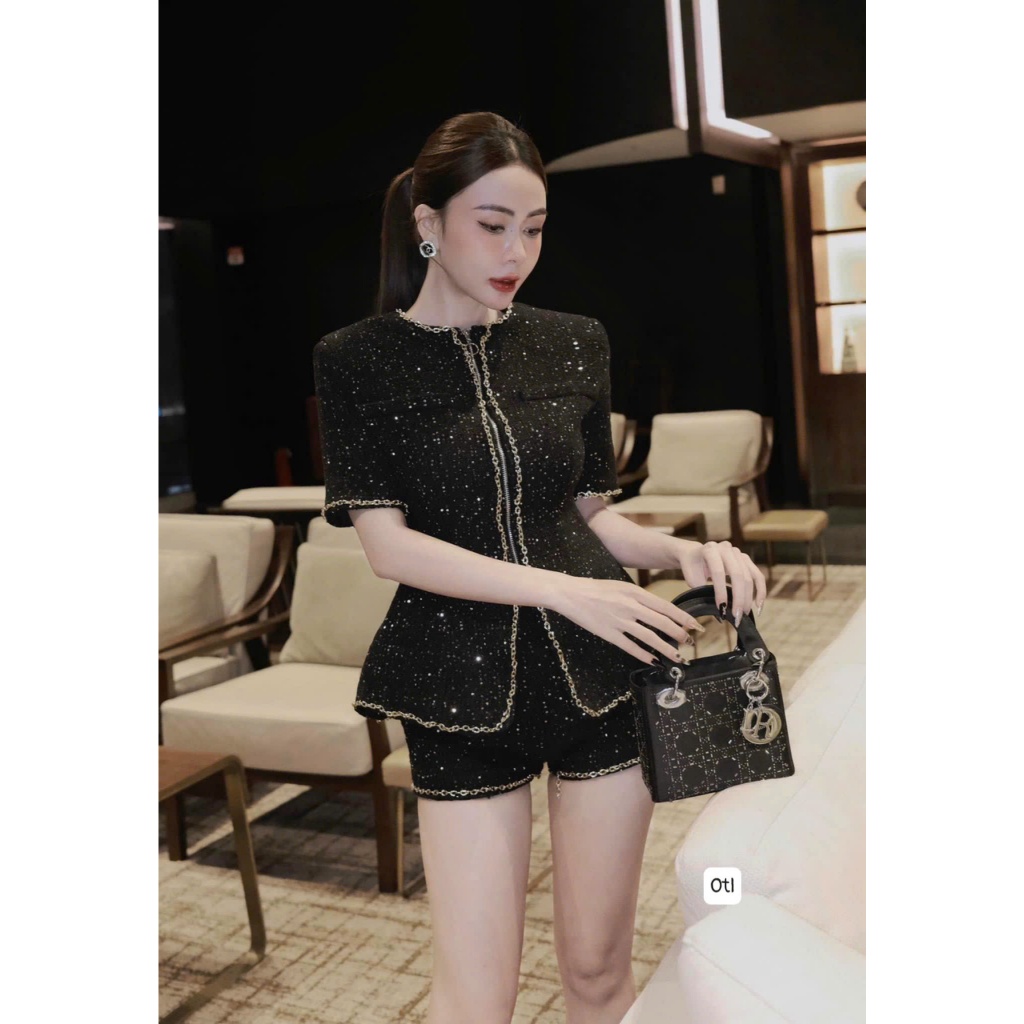 Golden Luxe Embellished Short Set(Black)