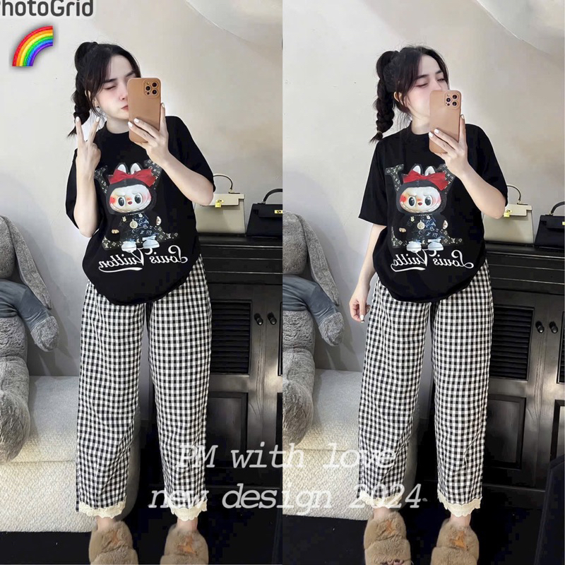 Women's WEAR SET, WOMEN'S OUTFITS LABUBU L.V PRINTED RIBBED T-SHIRT ...