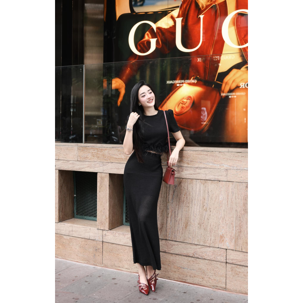 One-Shoulder Long Sleeve Top & High Waist Pencil Skirt Set