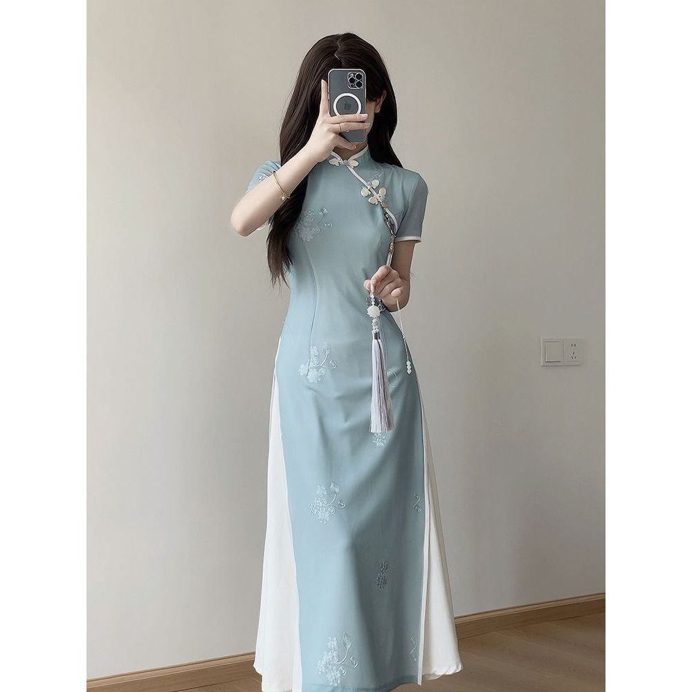 Chinese hanfu modern cheongsam blue modern ao dai with white summer ...