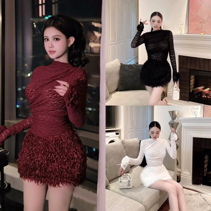 Long Sleeve Ruffled Lace Top Set Mixed with Fluffy Skirt in Red, Black ...