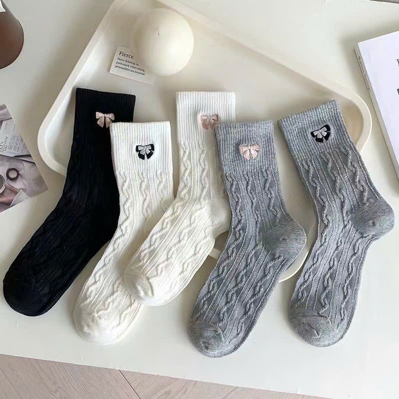 Set of 5 Pairs of Women's High Collar Twisted Rope Socks with Bow ...