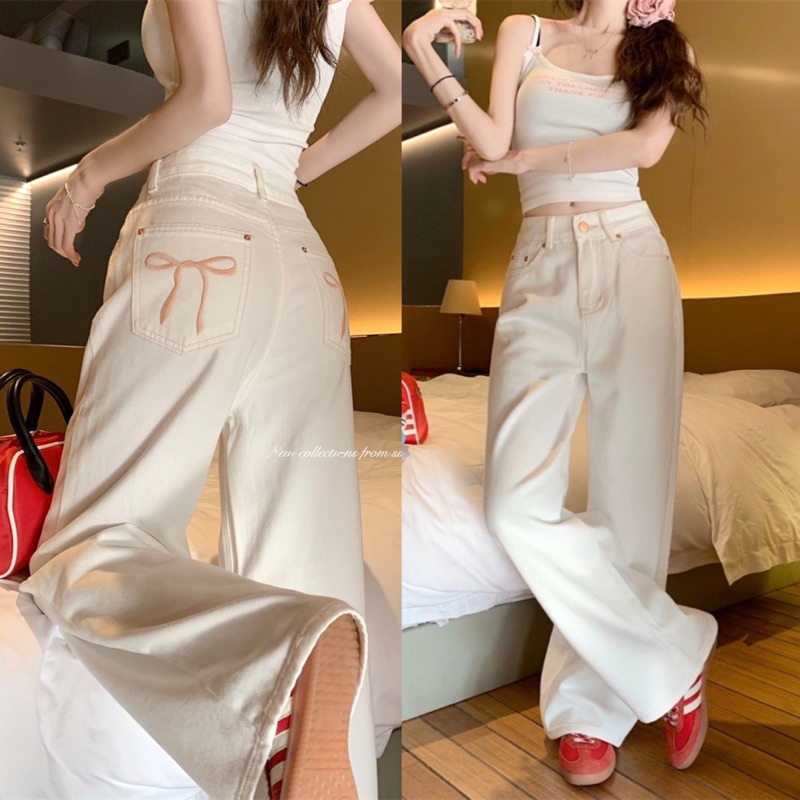 Hottrend 2024 Tocjean White Ribbon Embroidered Straight Leg Jeans Jeans ...