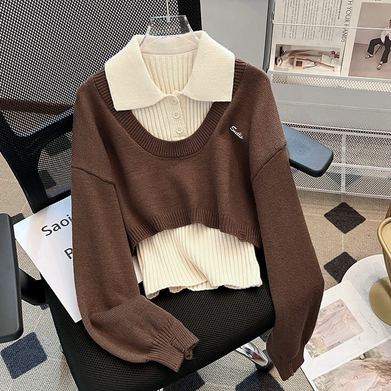 Ripped CROPTOP Loose Sweater SET WITH SHIRT Sleeveless Collar (Standard ...
