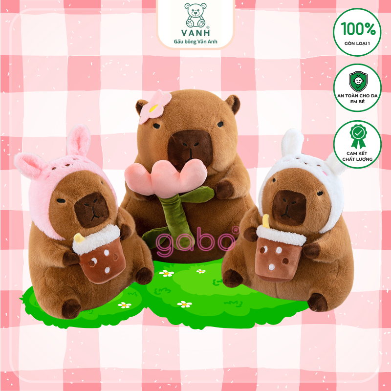 Capybara Teddy Bear with Rabbit Ears holding milk tea, Guinea Pig loves ...