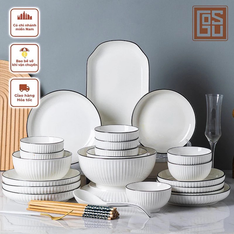 20-piece white dinnerware set with black clay border, beautiful and ...