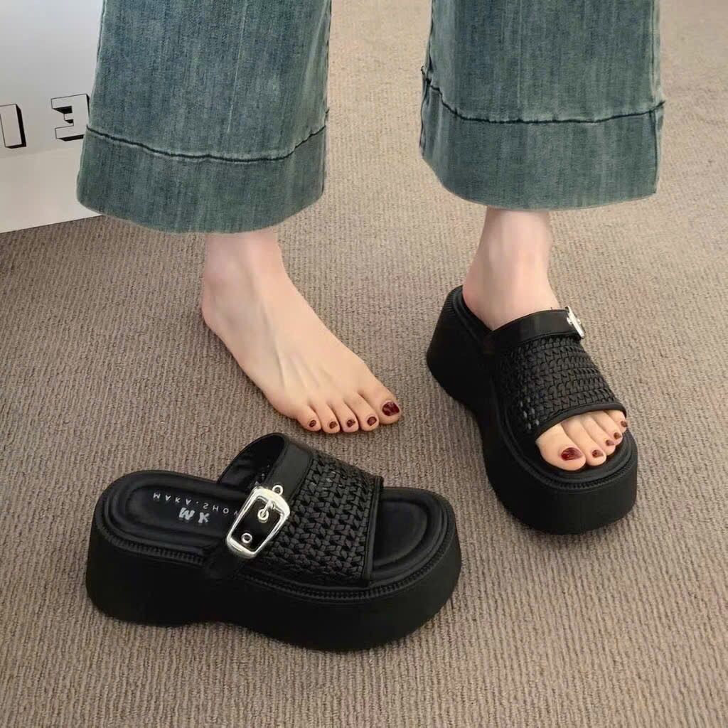 Women's 7-inch MESH FABRIC slippers with buttons and overbearing flat ...