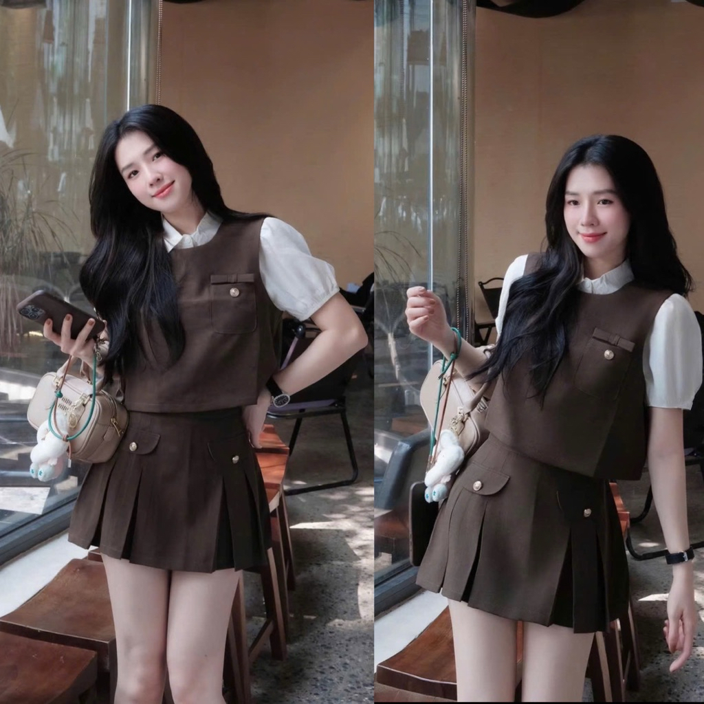 [S2.4137] Set of 3 Piece Lotus Collar Shirt Mixed with Gile Camisole ...