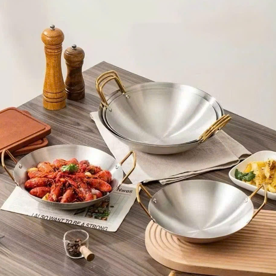 Deep Stainless Steel Pan with Round Bottom and Two Golden Handles, Stir ...