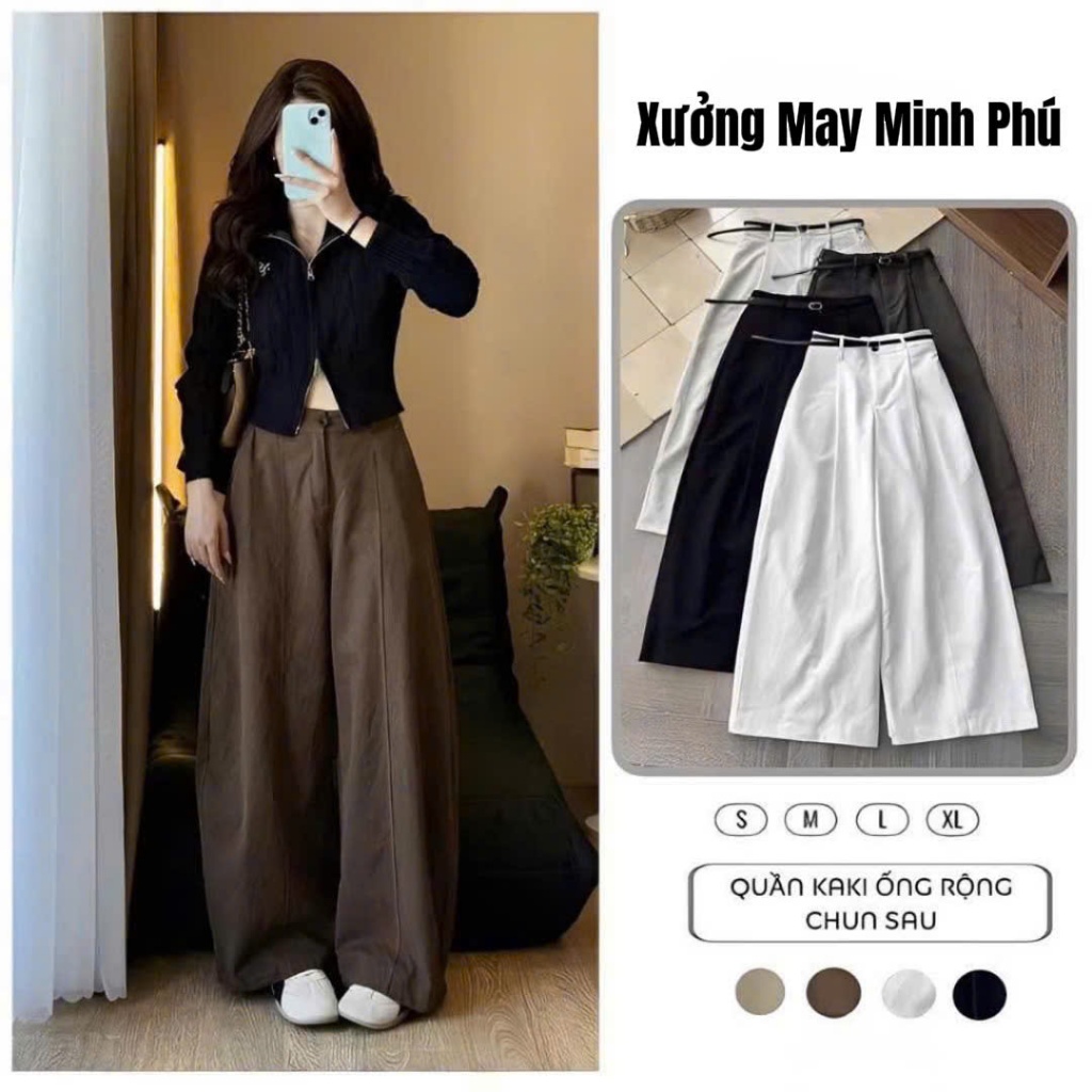 Japanese khaki pants with wide leg, basic loose shape, elastic back ...