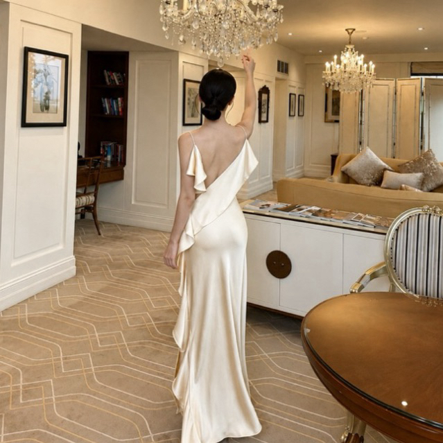 backless dress shopee Suzhou Luxurious Long Silk Party - Flattering Backless Ruffled Silk Dress - Ava Dress Silk Dress Backless Dress weather mini that works giftus black dress long sleeve Color:AS PHOTO(YELLOW WITH TRAIN)