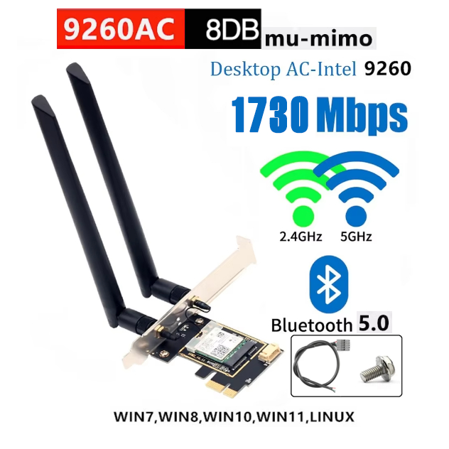 Intel AC 9260 5GHz Wifi Card Set with integrated Bluetooth 5 short ...