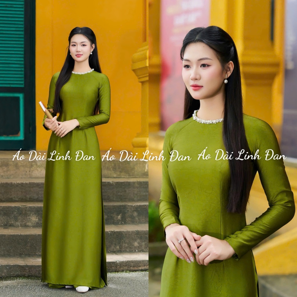 High-quality Dutch silk ao dai in green rice color with embellished ...