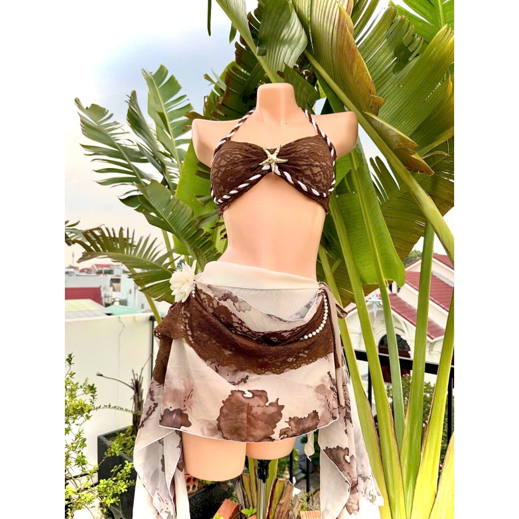Beach bikini swimsuit set of 3 with starfish details in BROWN Oderi ...