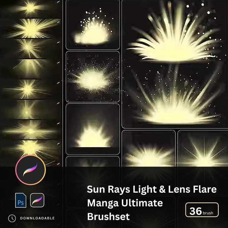 36 Procreate Photoshop Sunlight Rays brushes, for flash, headlight ...