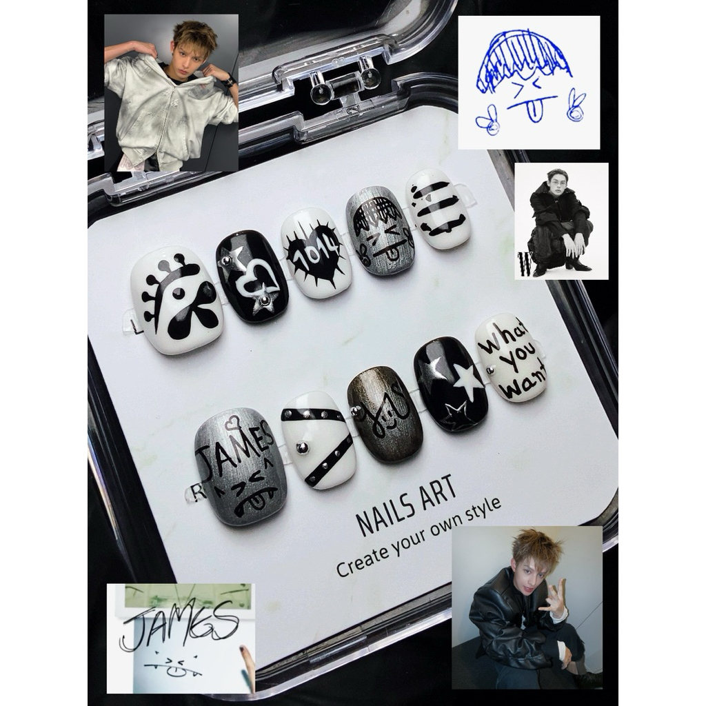 (M030) Handmade fake nail set - Nailbox Cortis & Jame - Black White ...