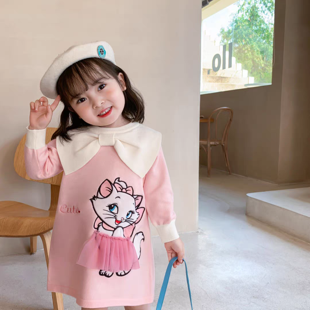 Beautiful Cat Printed Mid Season Dress For Baby Girl In Yellow Color