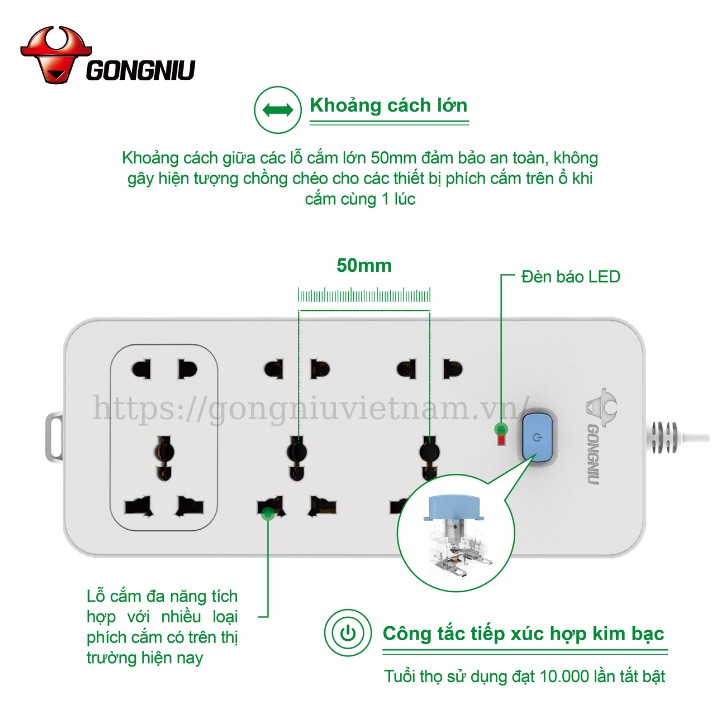 GONGNIU Fireproof Electrical Socket - 6 Multi-Purpose Outlets 1 Switch ...