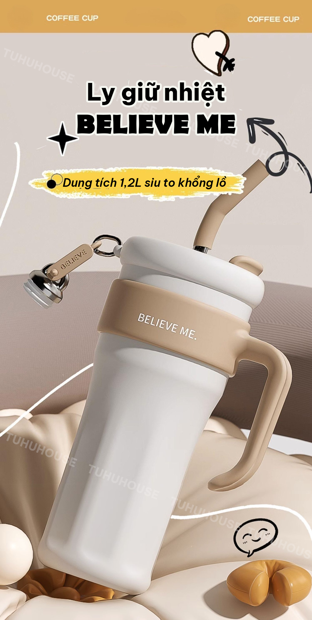 Thermal cup with engraved name Believe Me 1250ml with straw, 316