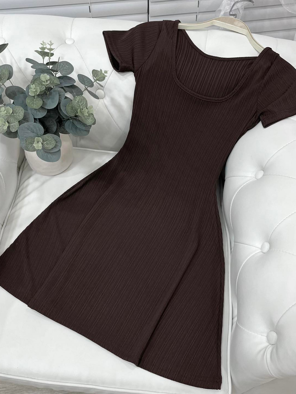 Women's short flared dress made of Thai ribbed material with square ...