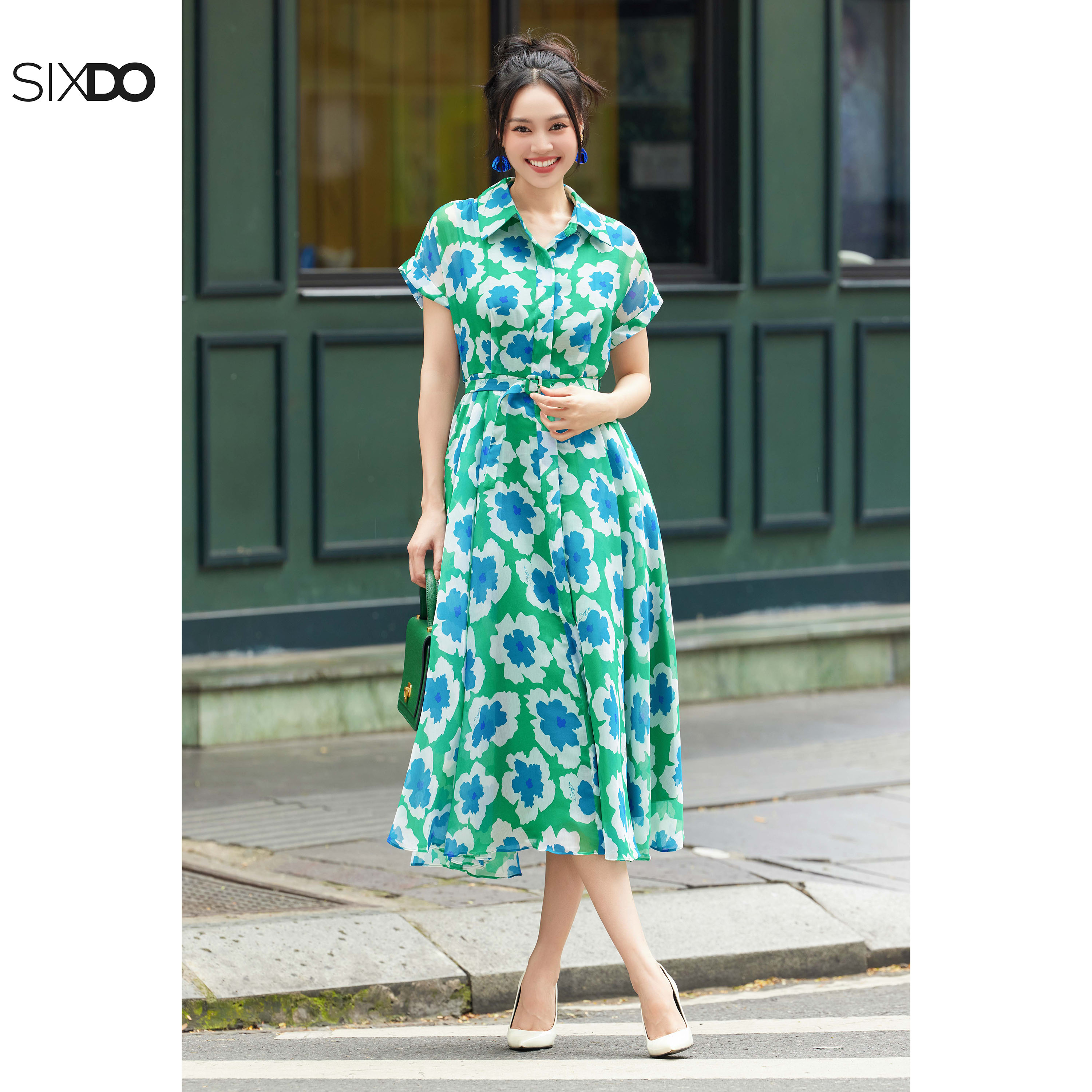 Sixdo Green Flower Cap Sleeves Midi Dress (Green Flower Cap Sleeves ...
