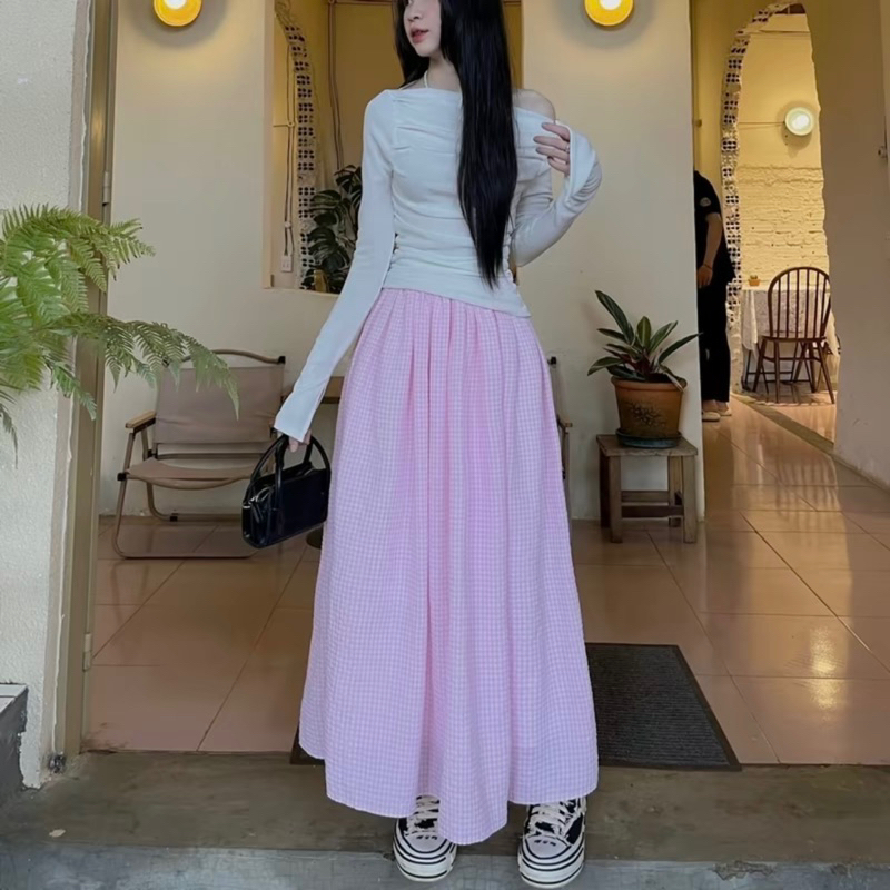 Ullzang long 2-layer checkered A-line skirt - Flared midi skirt, easy ...