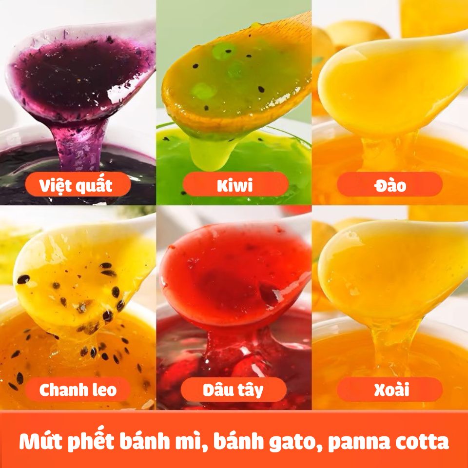 Fruit jam spread on bread, cake with flavors of mango, peach, kiwi