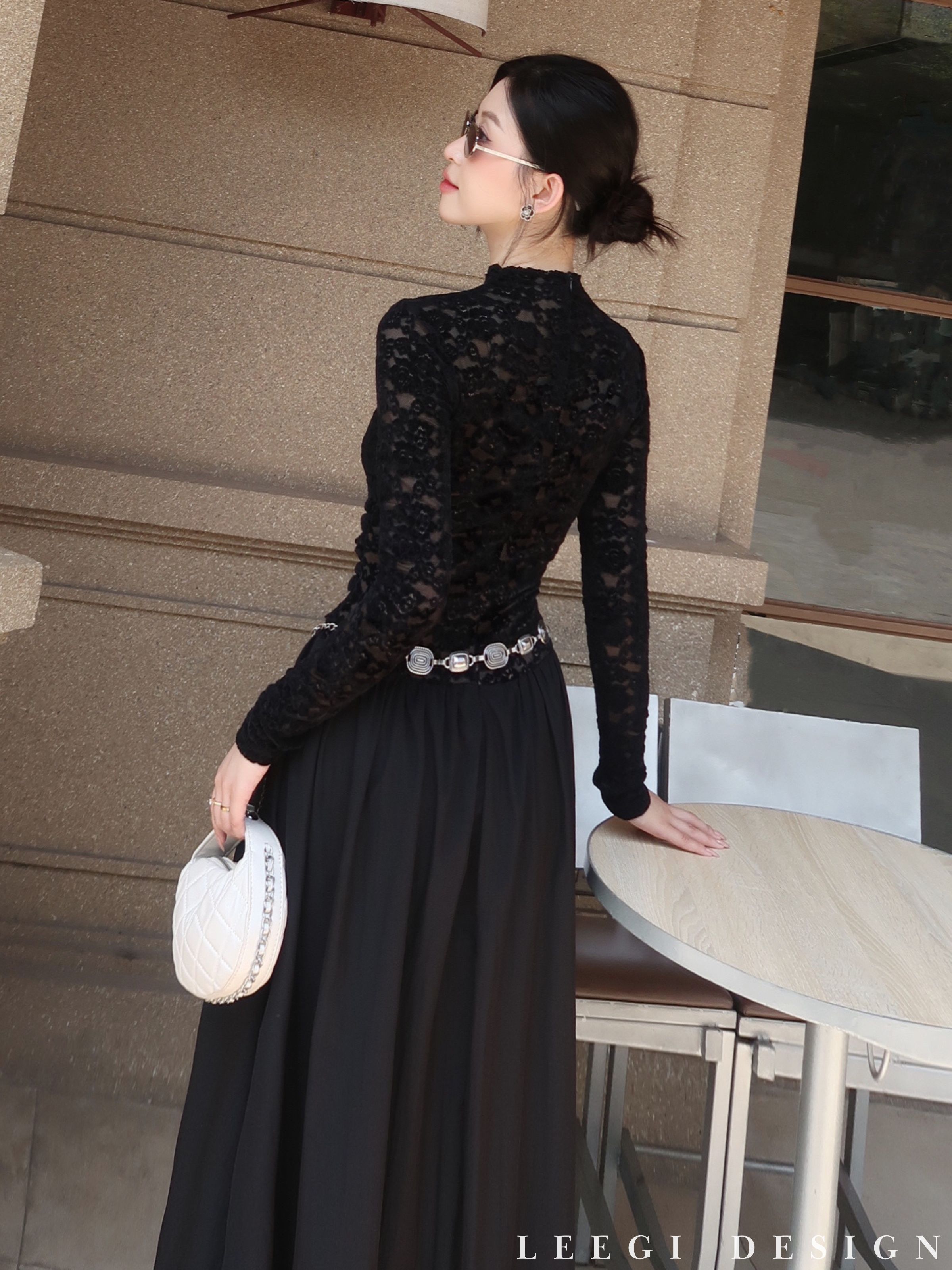 Leegi Design Elegant Black and White Long Sleeve High Neck Lace Dress ...
