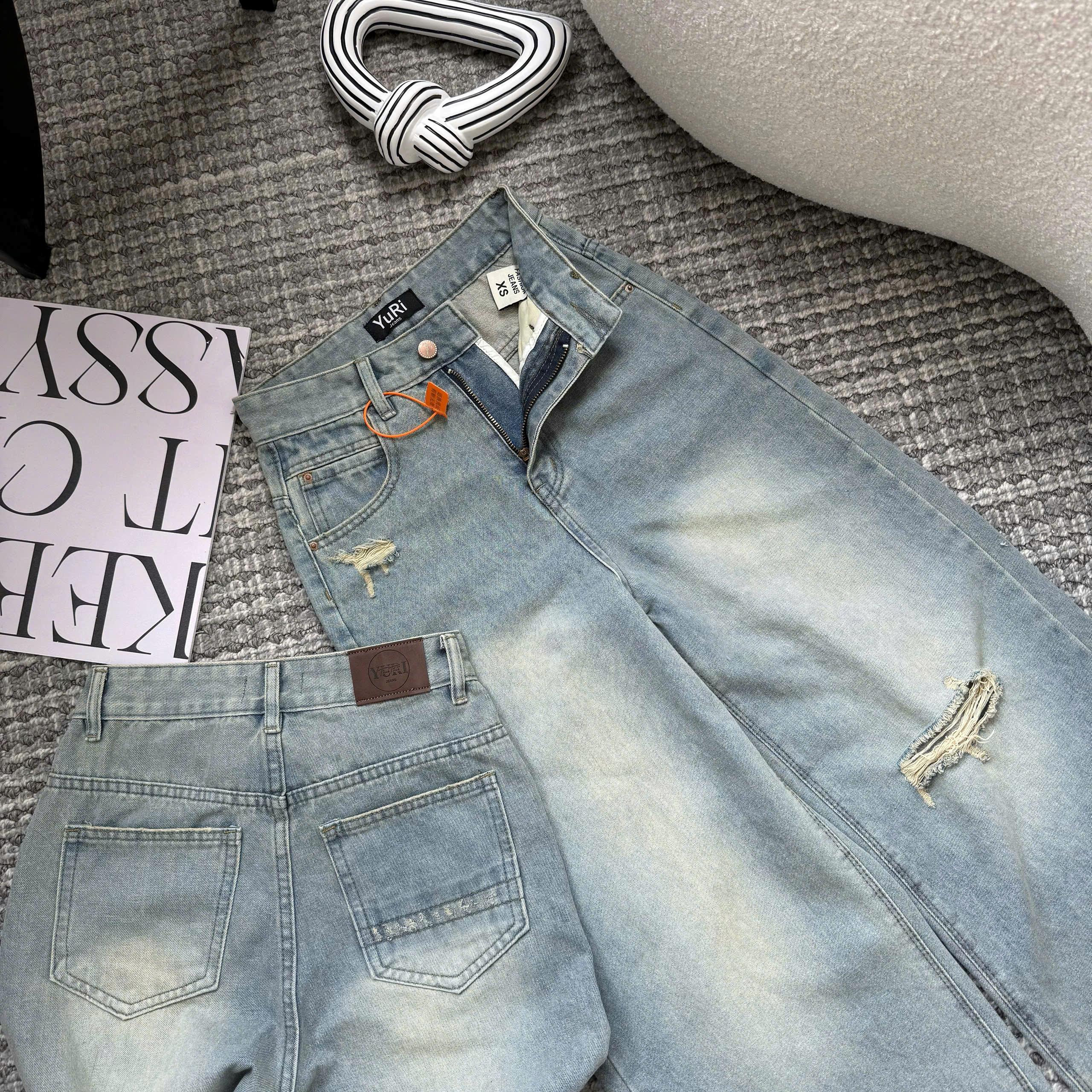 YURI Jeans - Women's Wide Leg Ripped Jeans on One Side (Code 69 ...