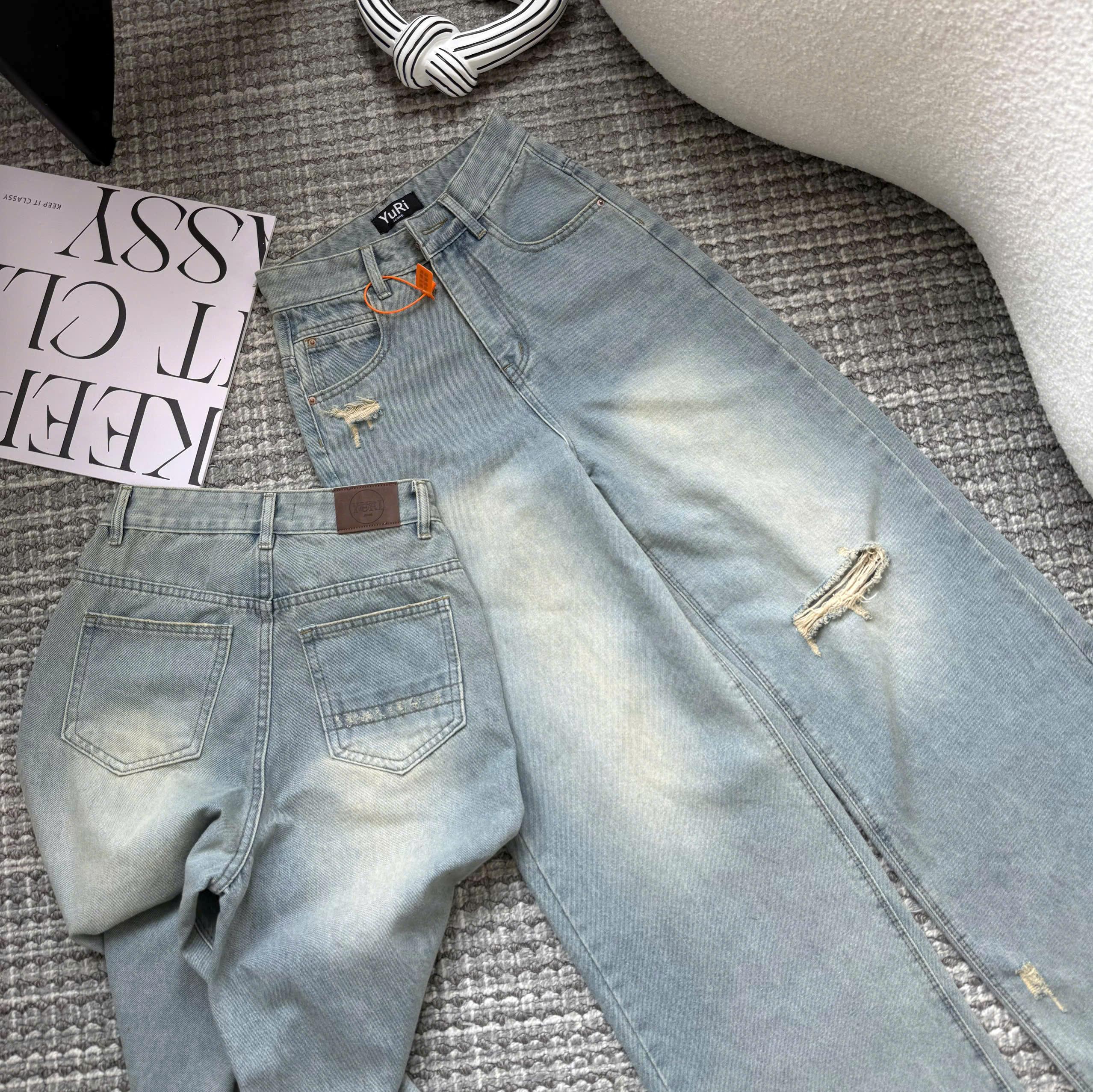 YURI Jeans - Women's Wide Leg Ripped Jeans on One Side (Code 69 ...