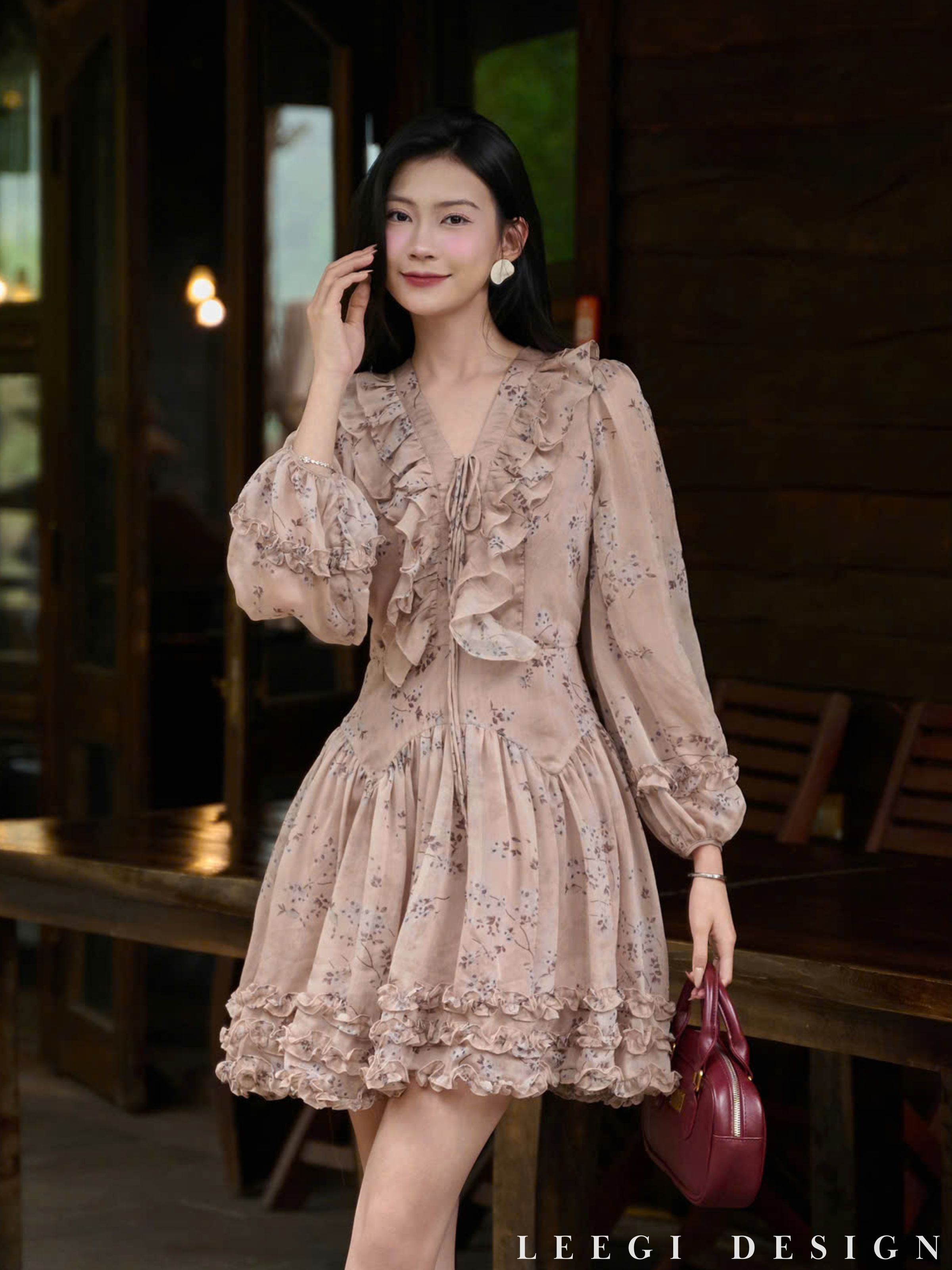 [KOL] SEAFOAM short patterned silk dress with flared sleeves designed ...