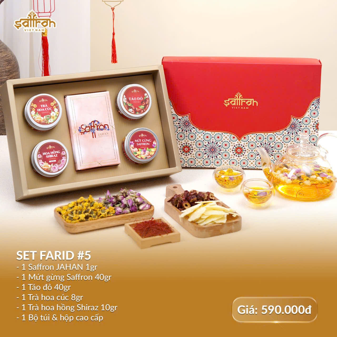 2025 Tet gift set Vietnamese saffron jahan 0.5gr and premium flower tea ...