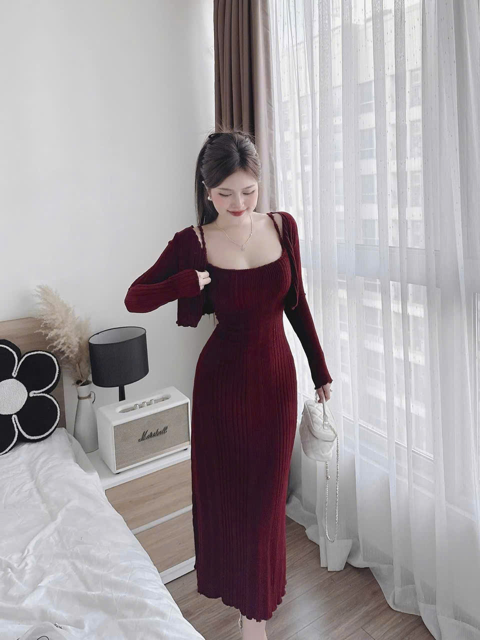 Dress Set designed with a long 2-strap wool bodycon dress with a ...