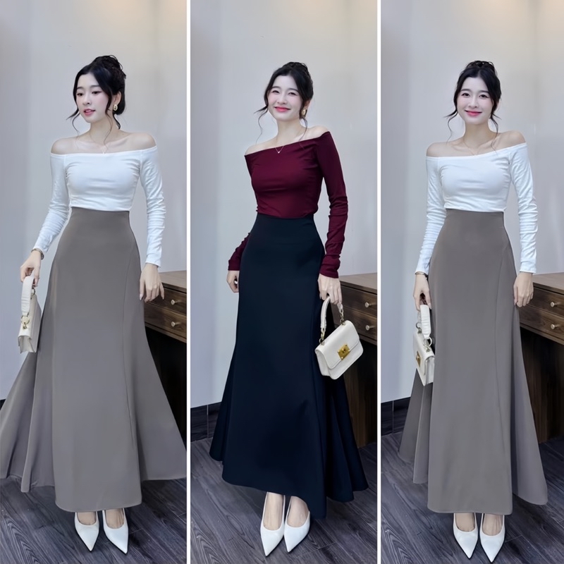NhunFashion long fishtail skirt with innovative 6-panel design, solid ...