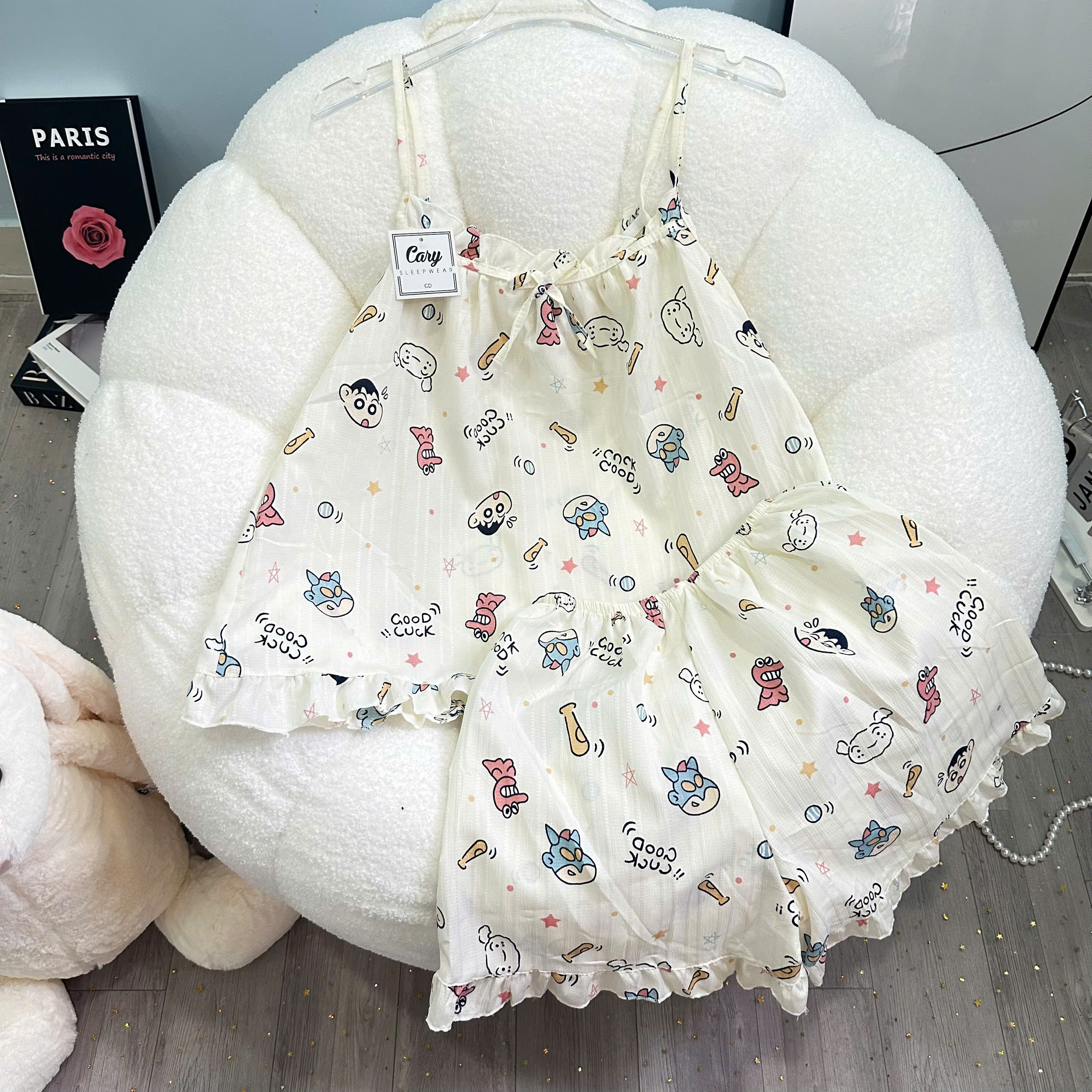Cute cartoon colorful string Set, soft and cool ribbed Shorts two-piece ...