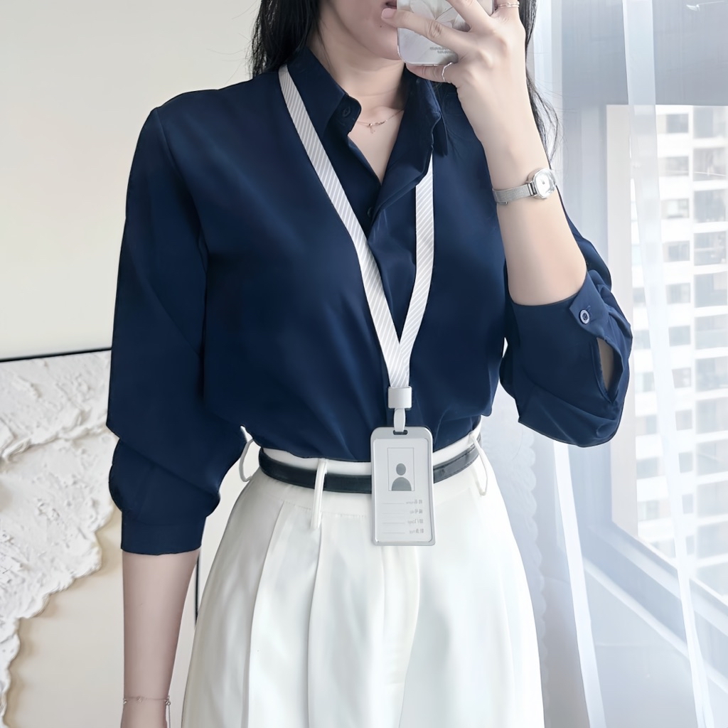 Women's navy blue long-sleeved office shirt with hidden buttons, loose ...
