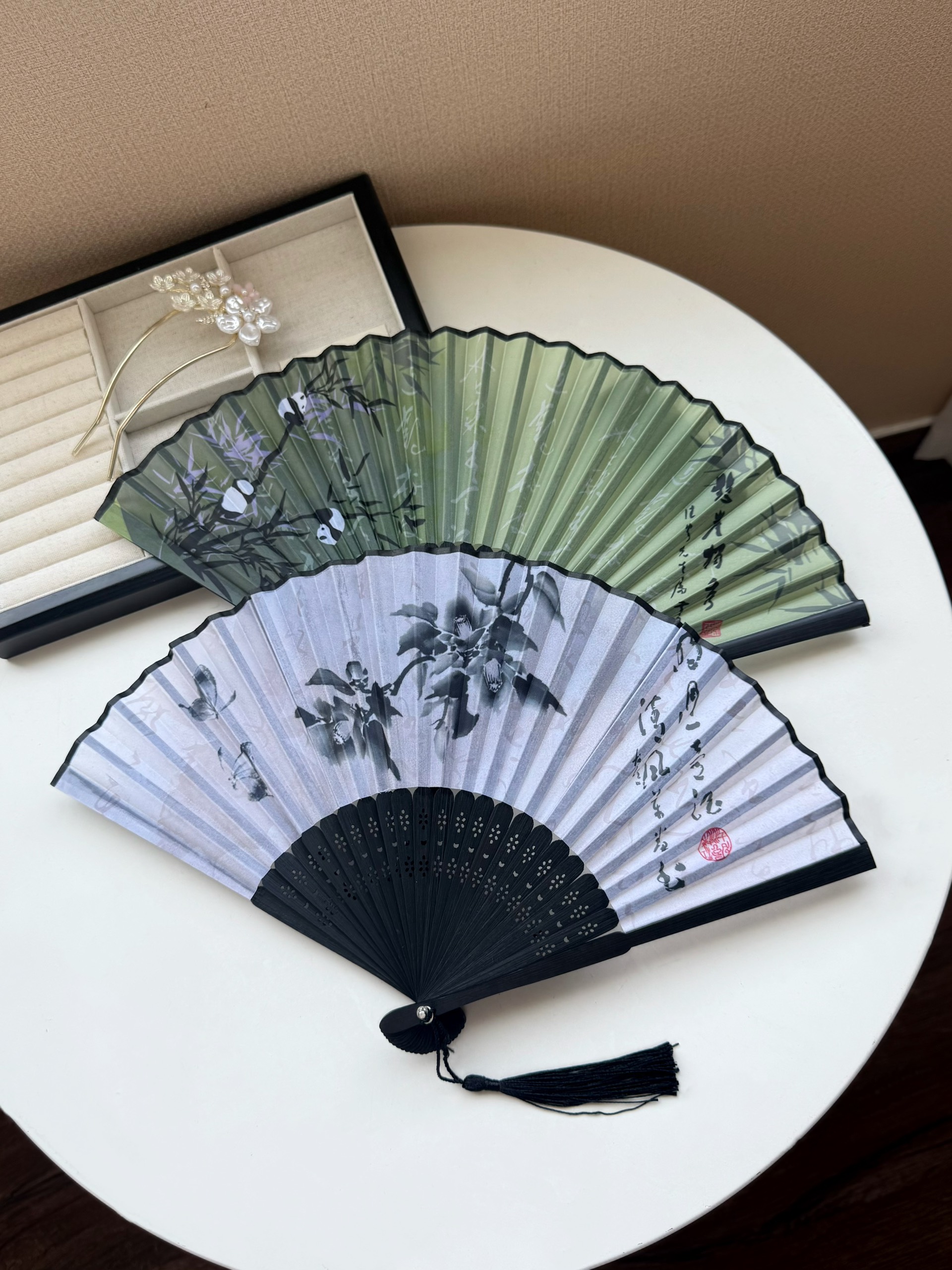 Hand-held folding fan with black flowers/blue panda letters New model ...