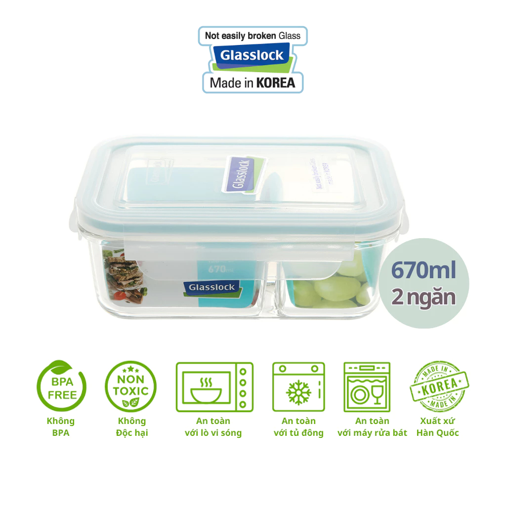 Glasslock MCRK067 670ml Korean divided glass box (Tempered glass ...
