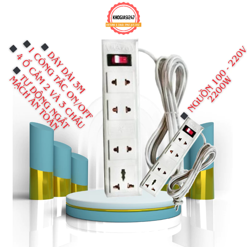 Common Short White Hato Power Socket 3m Long Wire, 4 2 & 3Pin Socket